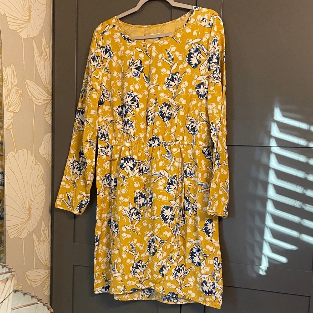 J. Crew Yellow and Blue Floral Long Sleeve Dress